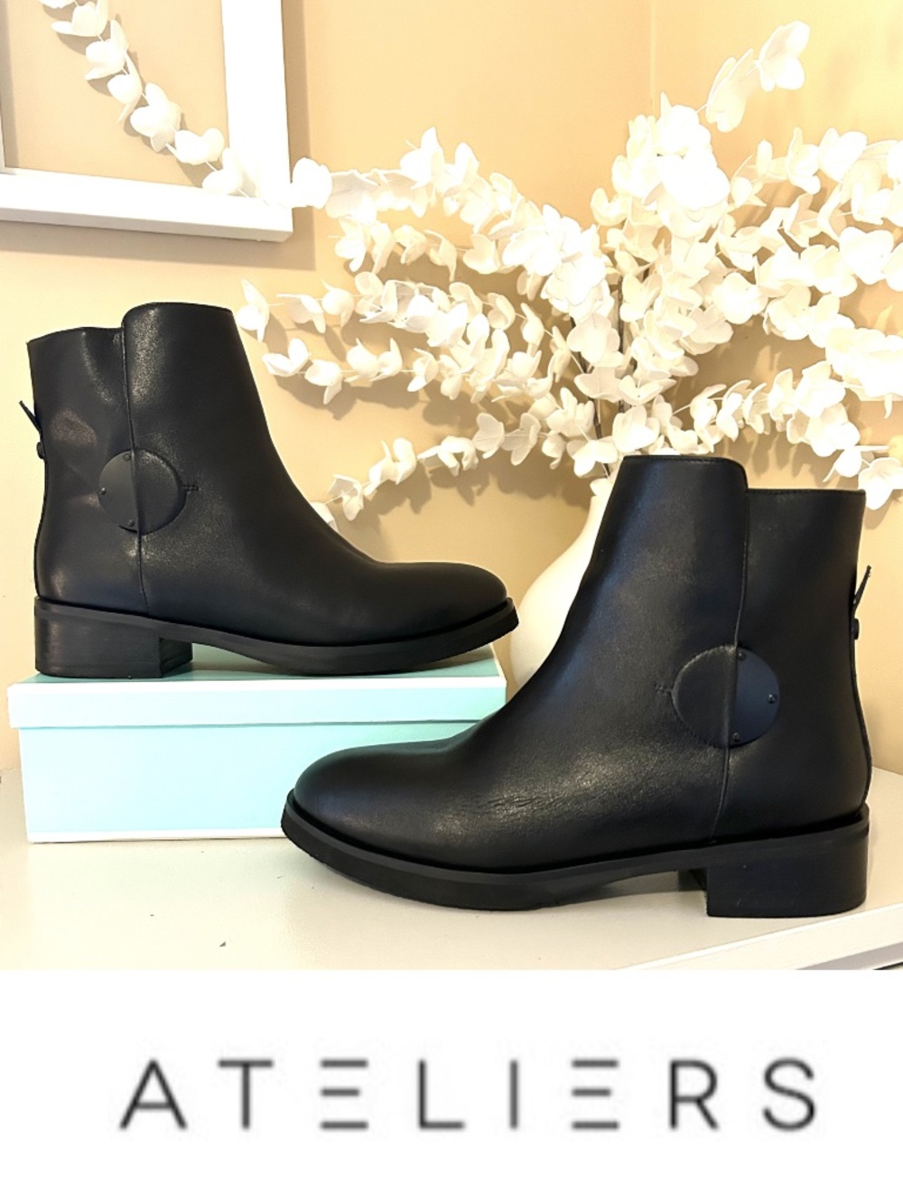 Like New! Ateliers Westin Black Leather Bootie Circle Detail Size EU37/US6.5